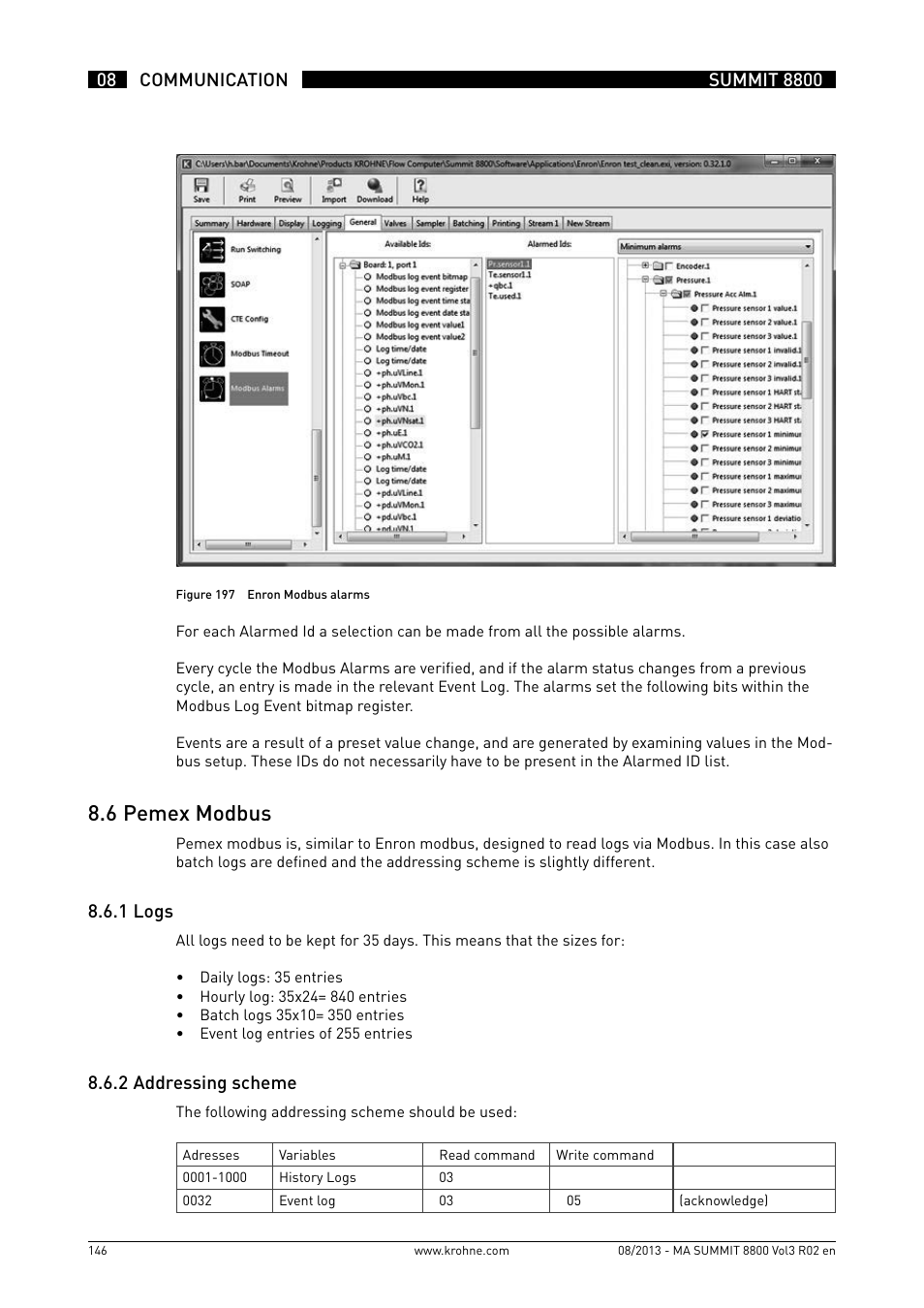 8 .6 pemex modbus, 8 .6 .1 logs, 8 .6 .2 addressing scheme | KROHNE Summit 8800 Vol 3 User Manual | Page 146 / 171