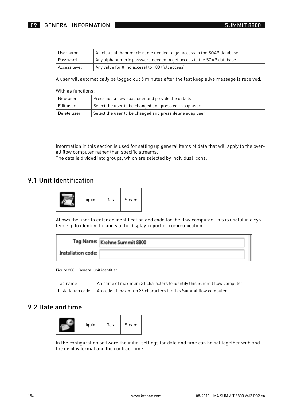 9 .1 unit identification, 9 .2 date and time | KROHNE Summit 8800 Vol 3 User Manual | Page 154 / 171