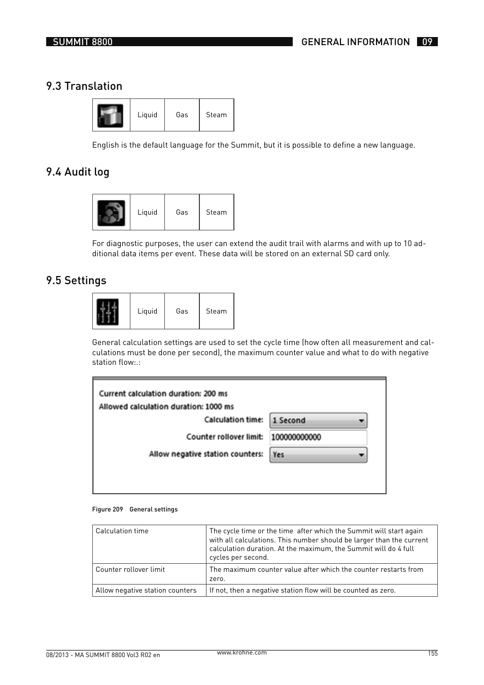 9 .3 translation, 9 .4 audit log, 9 .5 settings | KROHNE Summit 8800 Vol 3 User Manual | Page 155 / 171