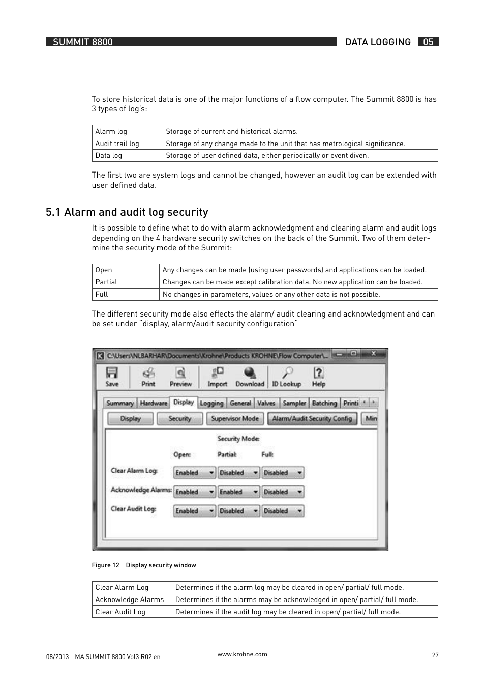 5 .1 alarm and audit log security | KROHNE Summit 8800 Vol 3 User Manual | Page 27 / 171