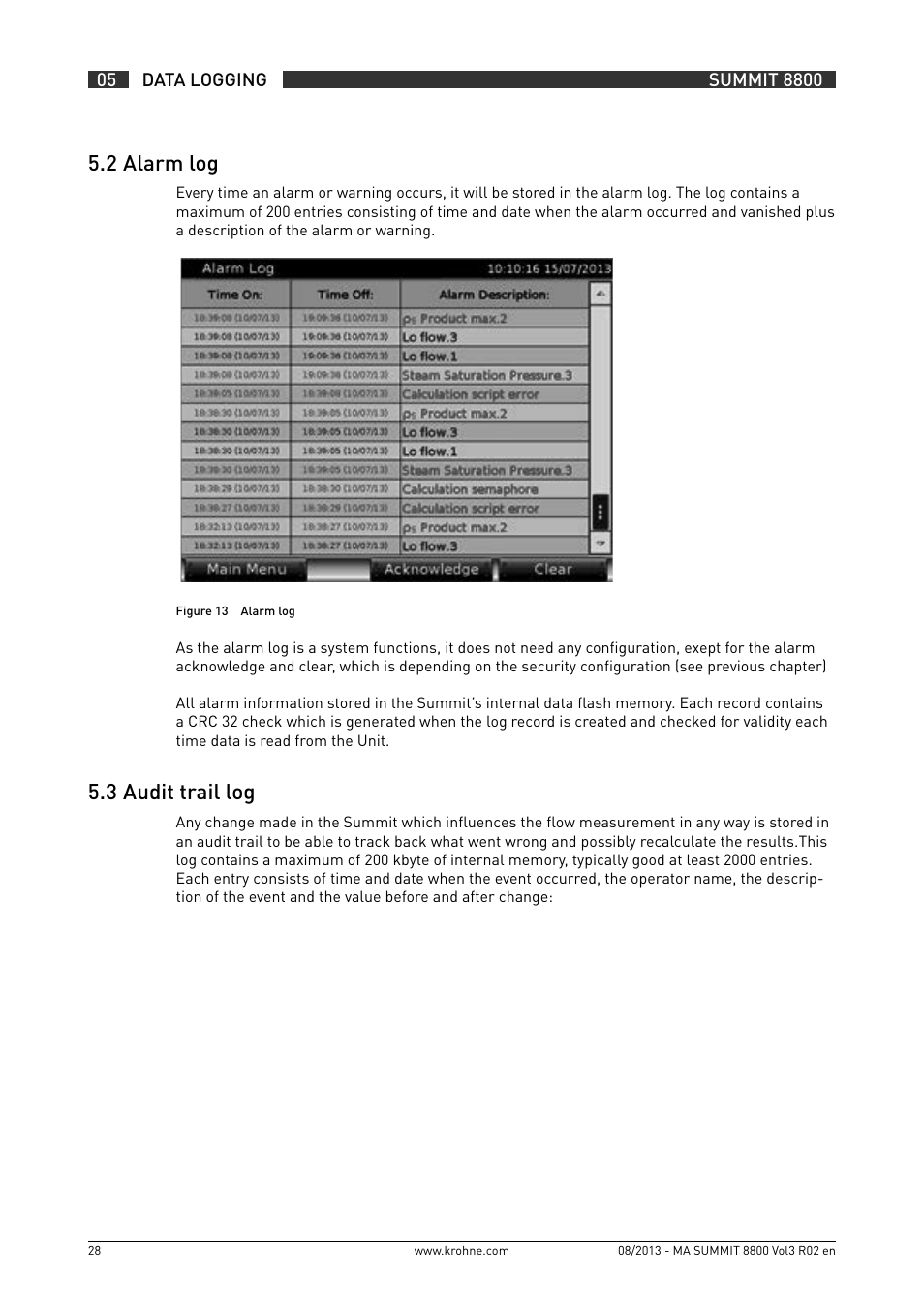 5 .2 alarm log, 5 .3 audit trail log | KROHNE Summit 8800 Vol 3 User Manual | Page 28 / 171