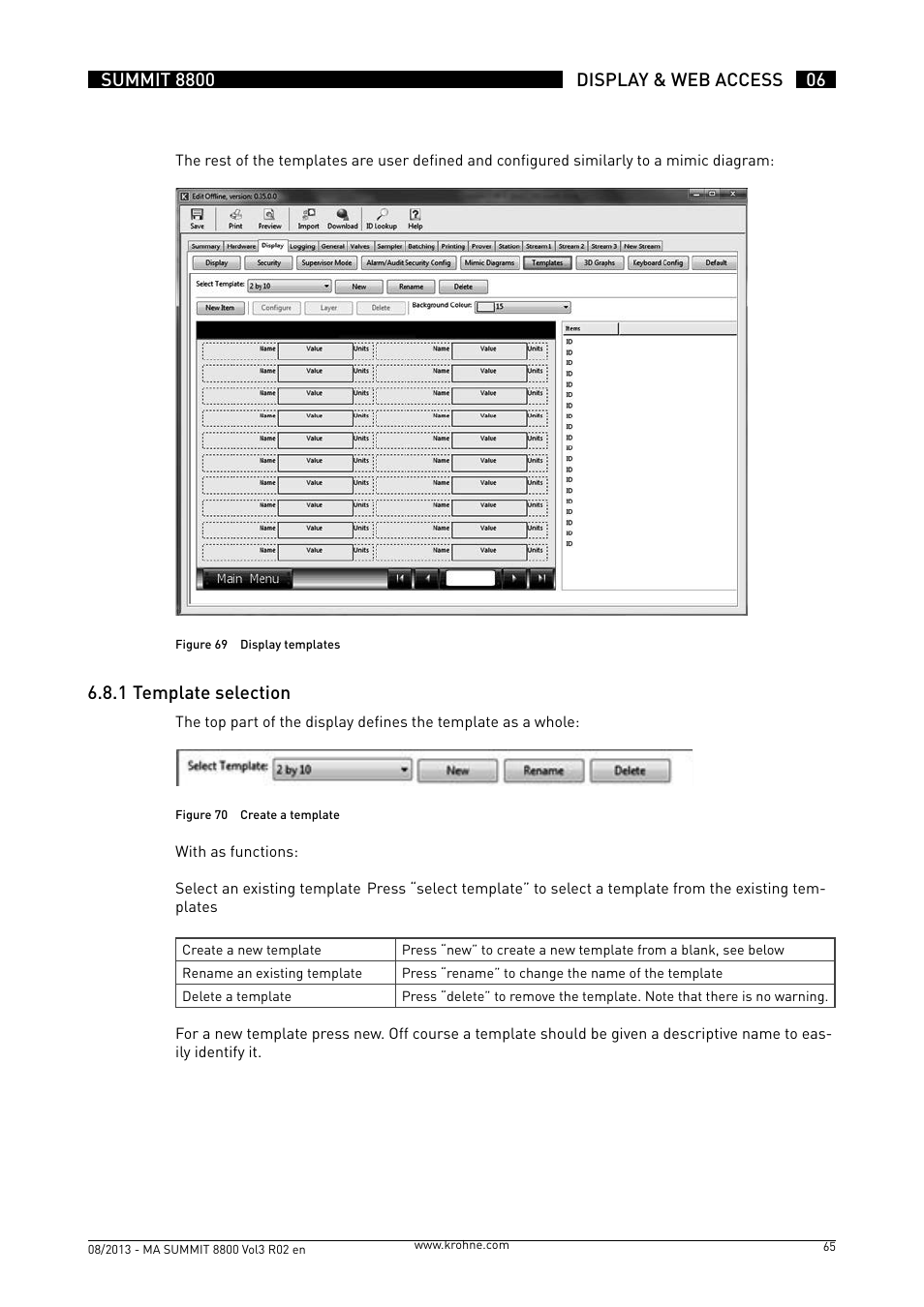 6 .8 .1 template selection | KROHNE Summit 8800 Vol 3 User Manual | Page 65 / 171