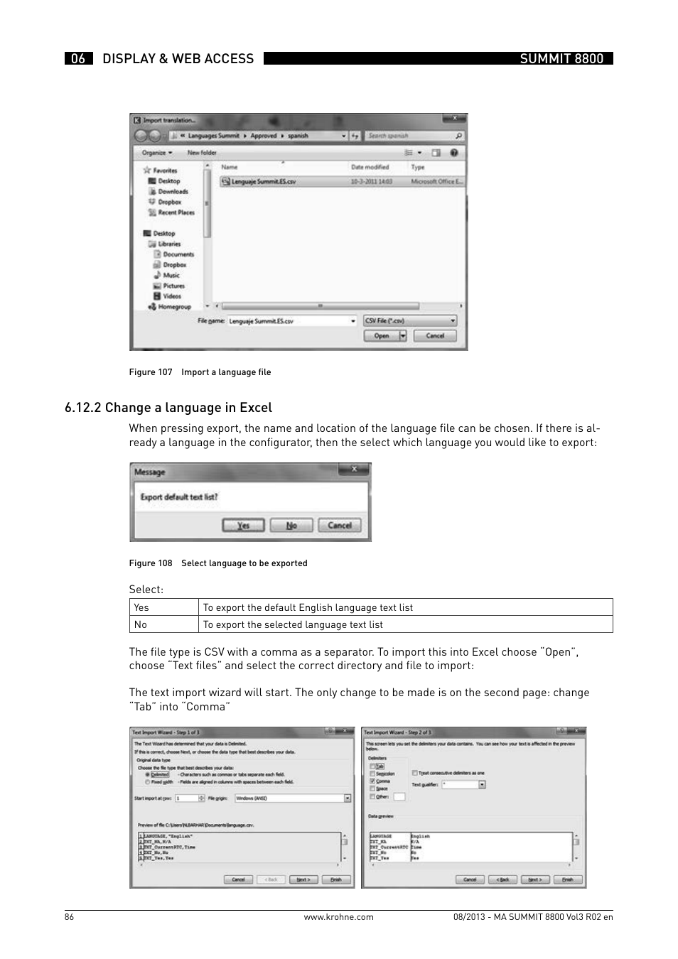 6 .12 .2 change a language in excel | KROHNE Summit 8800 Vol 3 User Manual | Page 86 / 171