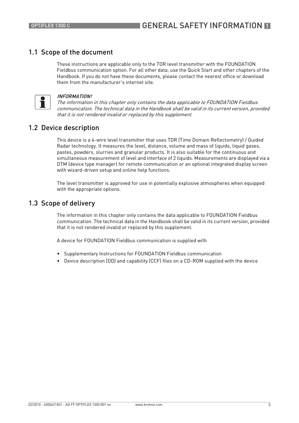 1 scope of the document, 2 device description, 3 scope of delivery | General safety information | KROHNE OPTIFLEX 1300C FOUNDATION FIELDBUS User Manual | Page 3 / 12