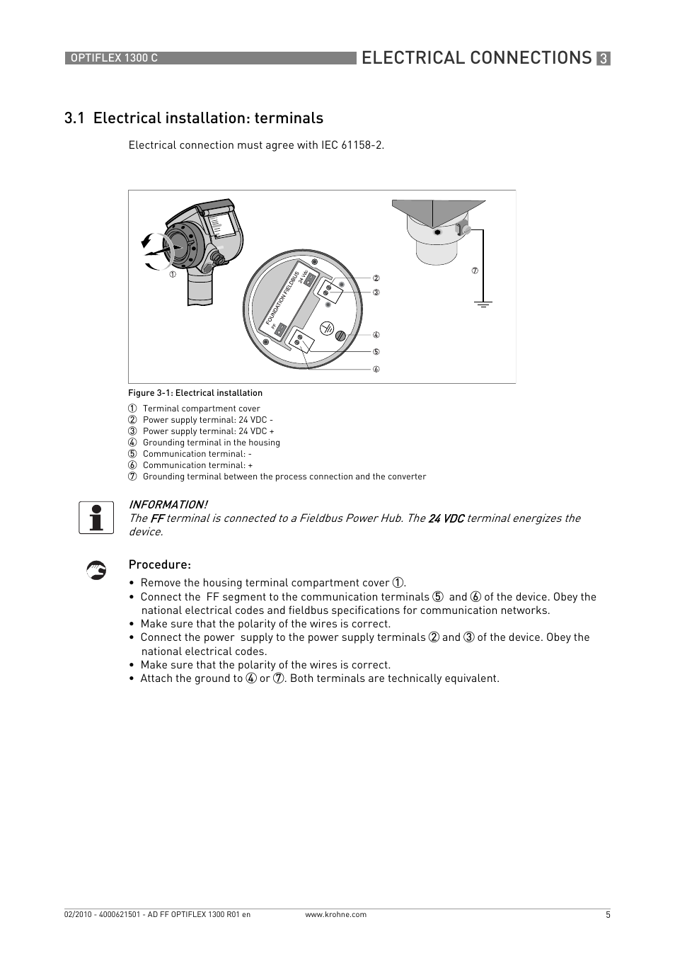 1 electrical installation: terminals, Electrical connections | KROHNE OPTIFLEX 1300C FOUNDATION FIELDBUS User Manual | Page 5 / 12