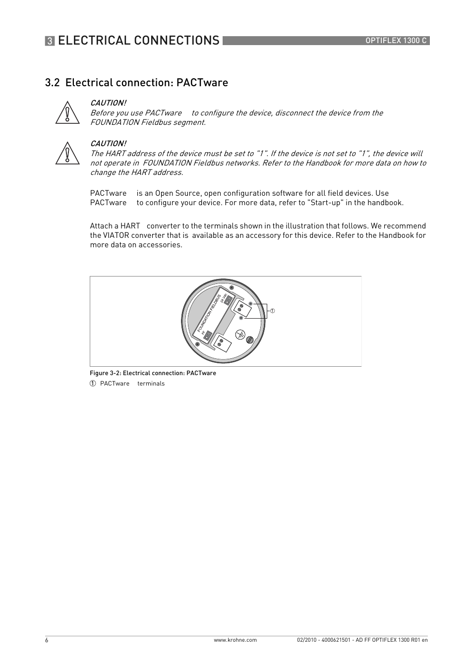 2 electrical connection: pactware, Electrical connections | KROHNE OPTIFLEX 1300C FOUNDATION FIELDBUS User Manual | Page 6 / 12