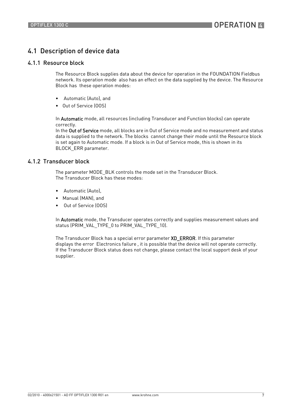 1 description of device data, 1 resource block, 2 transducer block | Operation | KROHNE OPTIFLEX 1300C FOUNDATION FIELDBUS User Manual | Page 7 / 12