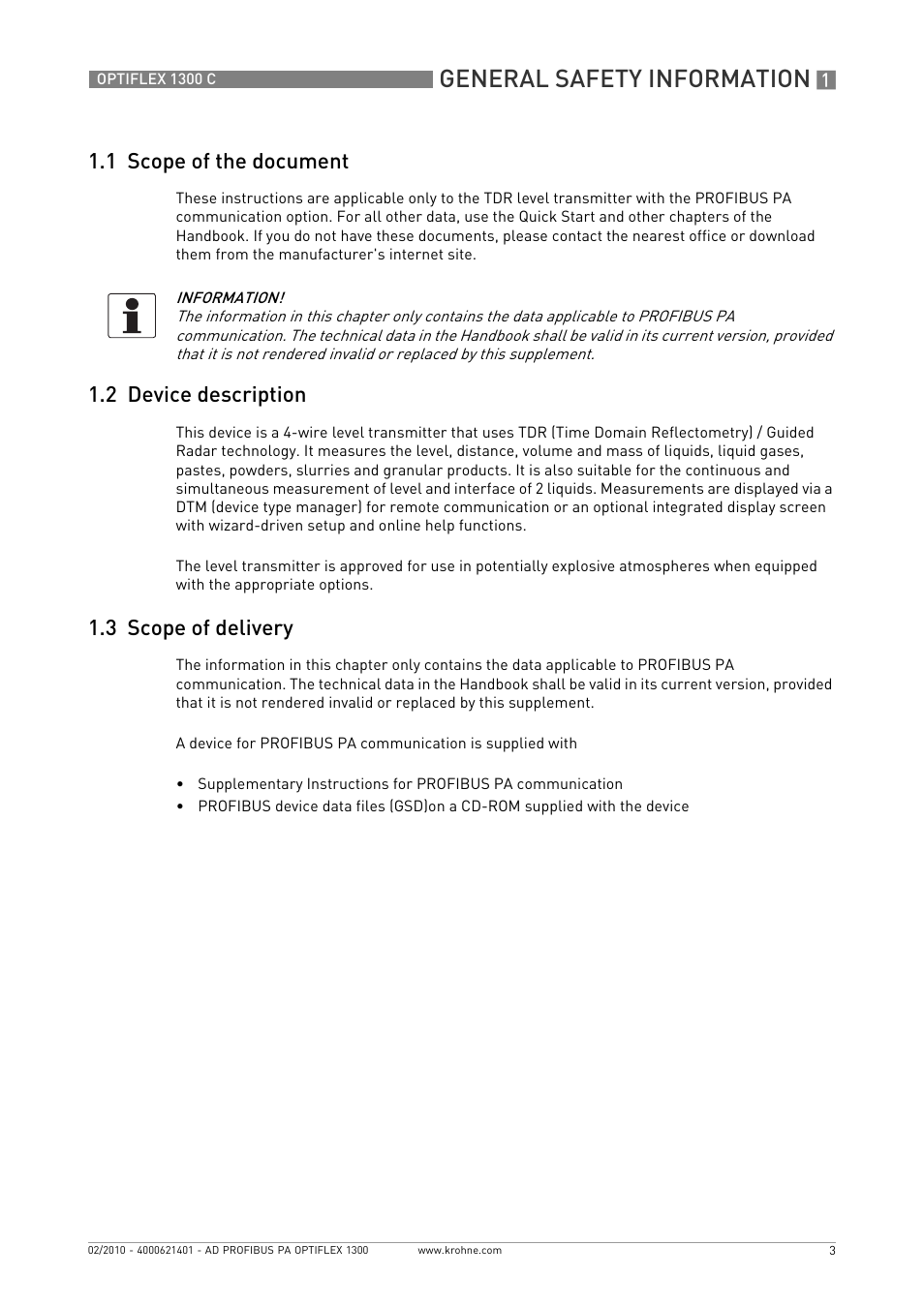 1 scope of the document, 2 device description, 3 scope of delivery | General safety information | KROHNE OPTIFLEX 1300C PROFIBUS PA User Manual | Page 3 / 12