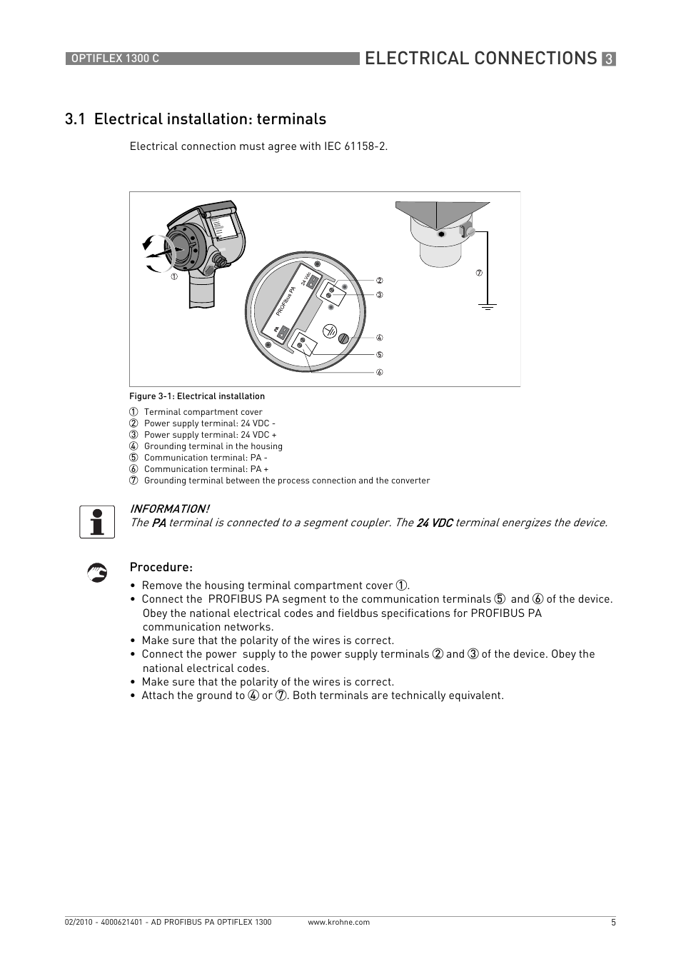 1 electrical installation: terminals, Electrical connections | KROHNE OPTIFLEX 1300C PROFIBUS PA User Manual | Page 5 / 12