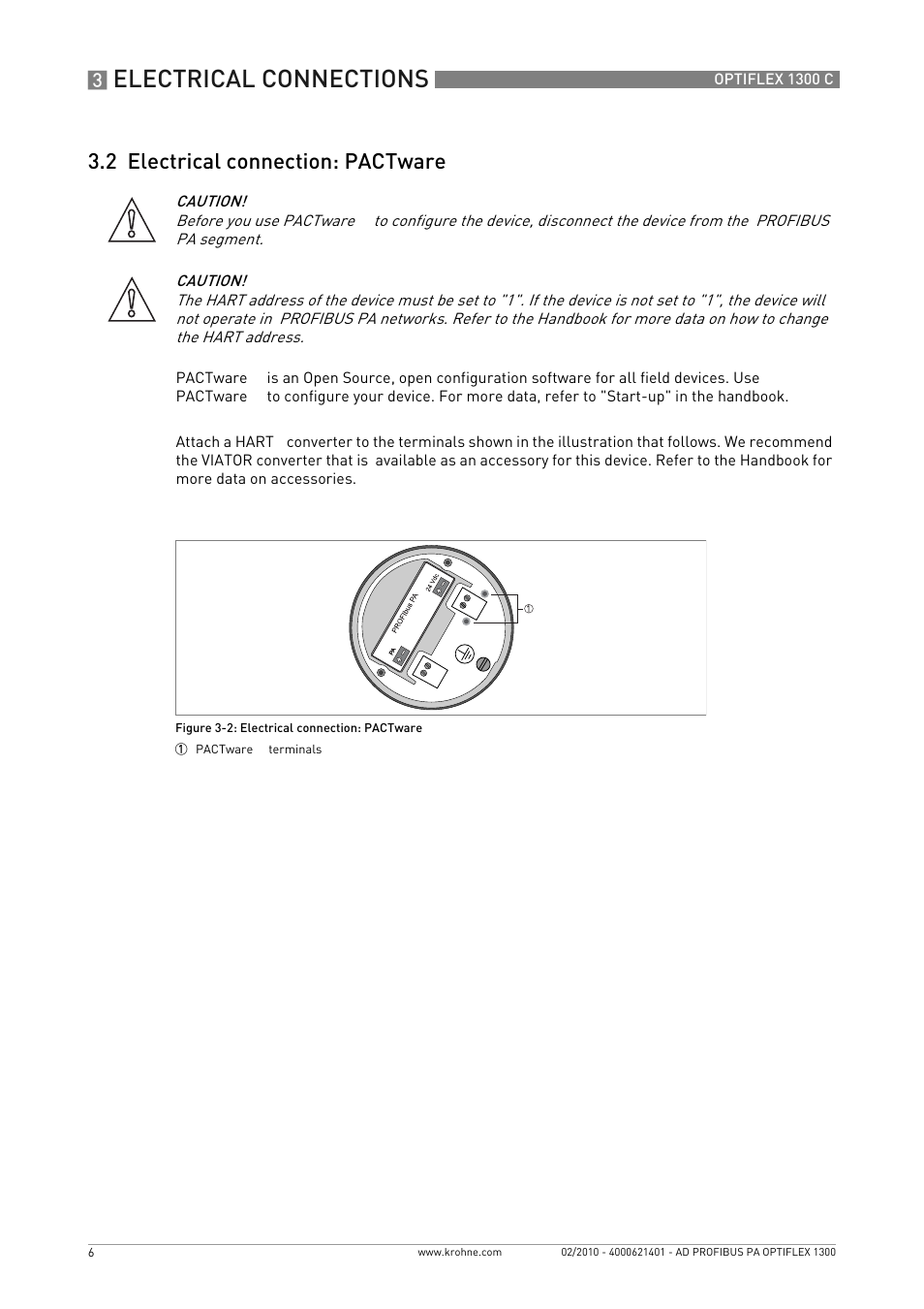 2 electrical connection: pactware, Electrical connections | KROHNE OPTIFLEX 1300C PROFIBUS PA User Manual | Page 6 / 12
