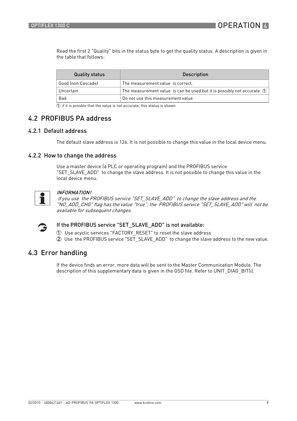 2 profibus pa address, 1 default address, 2 how to change the address | 3 error handling, Operation | KROHNE OPTIFLEX 1300C PROFIBUS PA User Manual | Page 9 / 12
