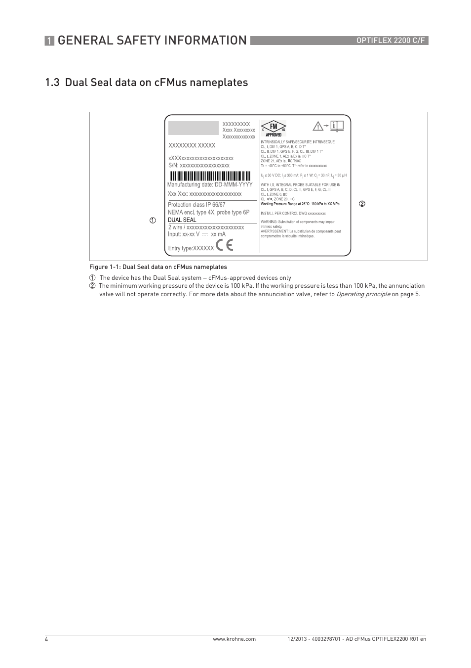 General safety information, 3 dual seal data on cfmus nameplates | KROHNE OPTIFLEX 2200 cFMus User Manual | Page 4 / 8