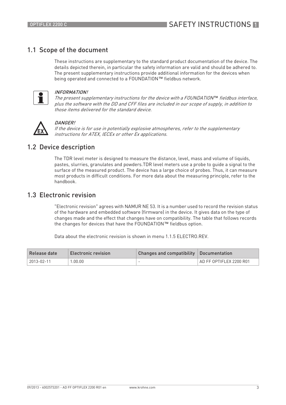 Safety instructions, 1 scope of the document, 2 device description | 3 electronic revision | KROHNE PTIFLEX 2200 FOUNDATION FIELDBUS User Manual | Page 3 / 72