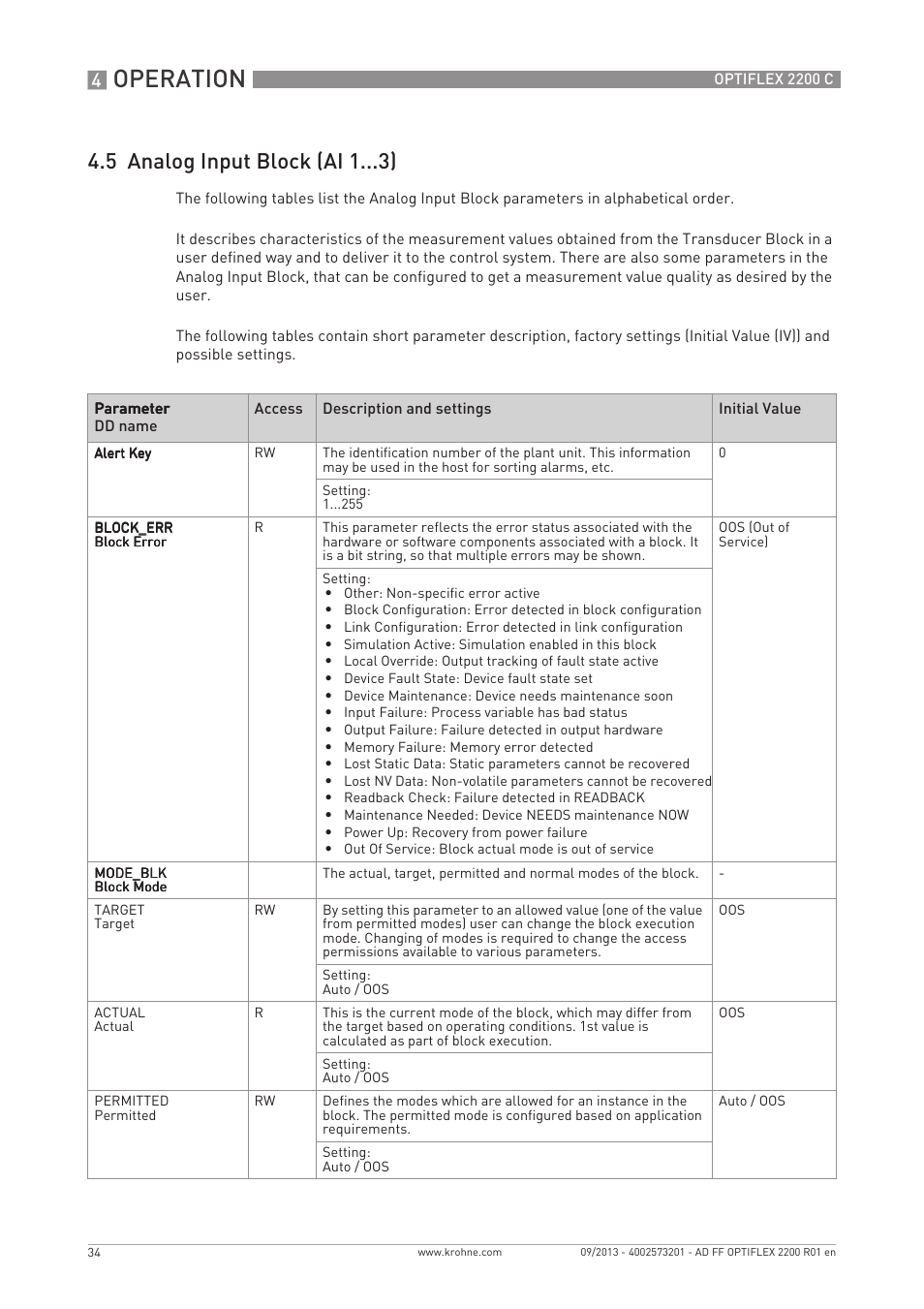 Operation, 5 analog input block (ai 1 ) | KROHNE PTIFLEX 2200 FOUNDATION FIELDBUS User Manual | Page 34 / 72