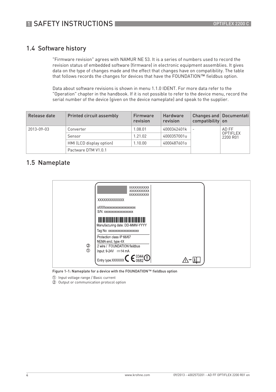 Safety instructions, 4 software history, 5 nameplate | KROHNE PTIFLEX 2200 FOUNDATION FIELDBUS User Manual | Page 4 / 72