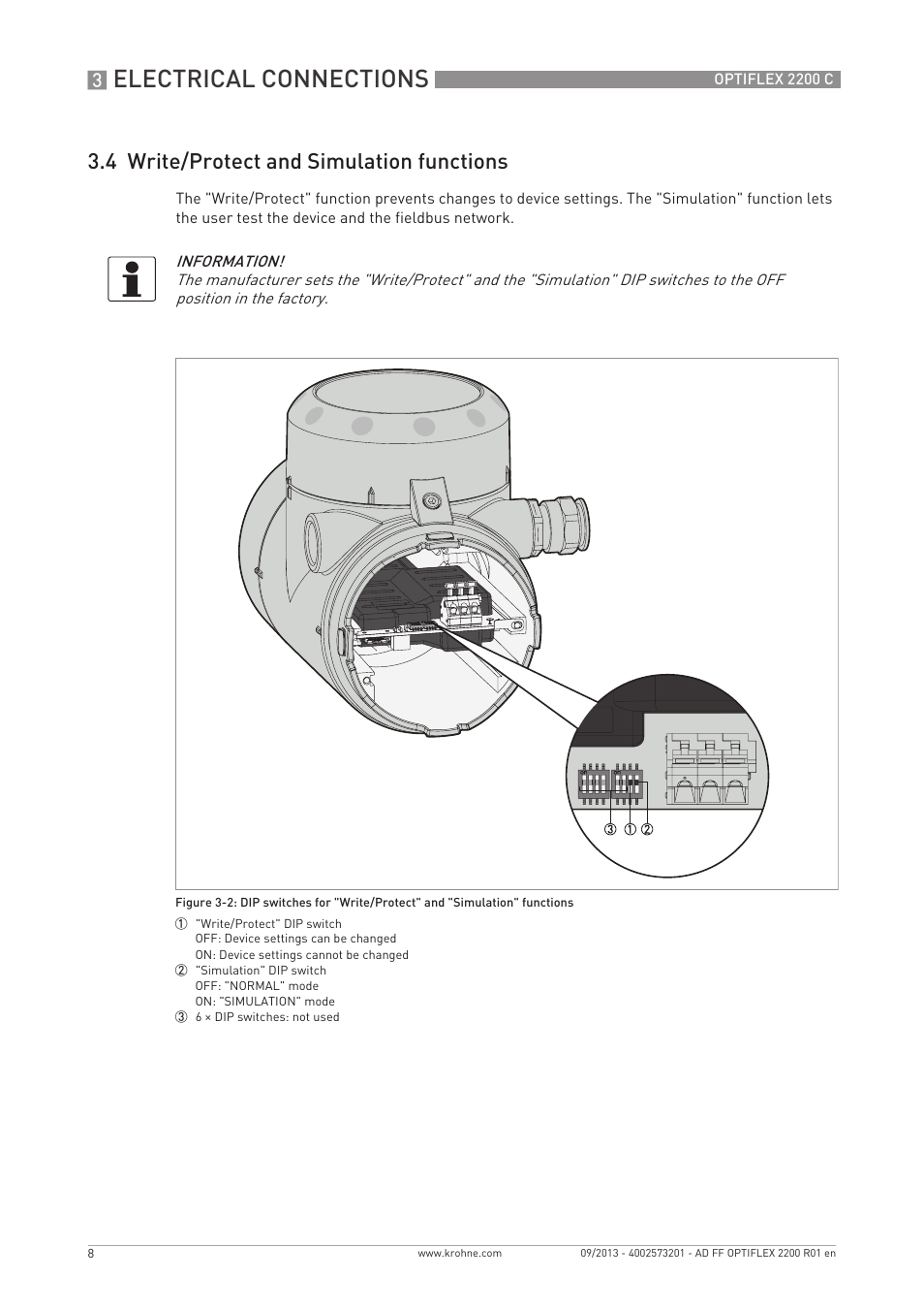 Electrical connections, 4 write/protect and simulation functions | KROHNE PTIFLEX 2200 FOUNDATION FIELDBUS User Manual | Page 8 / 72