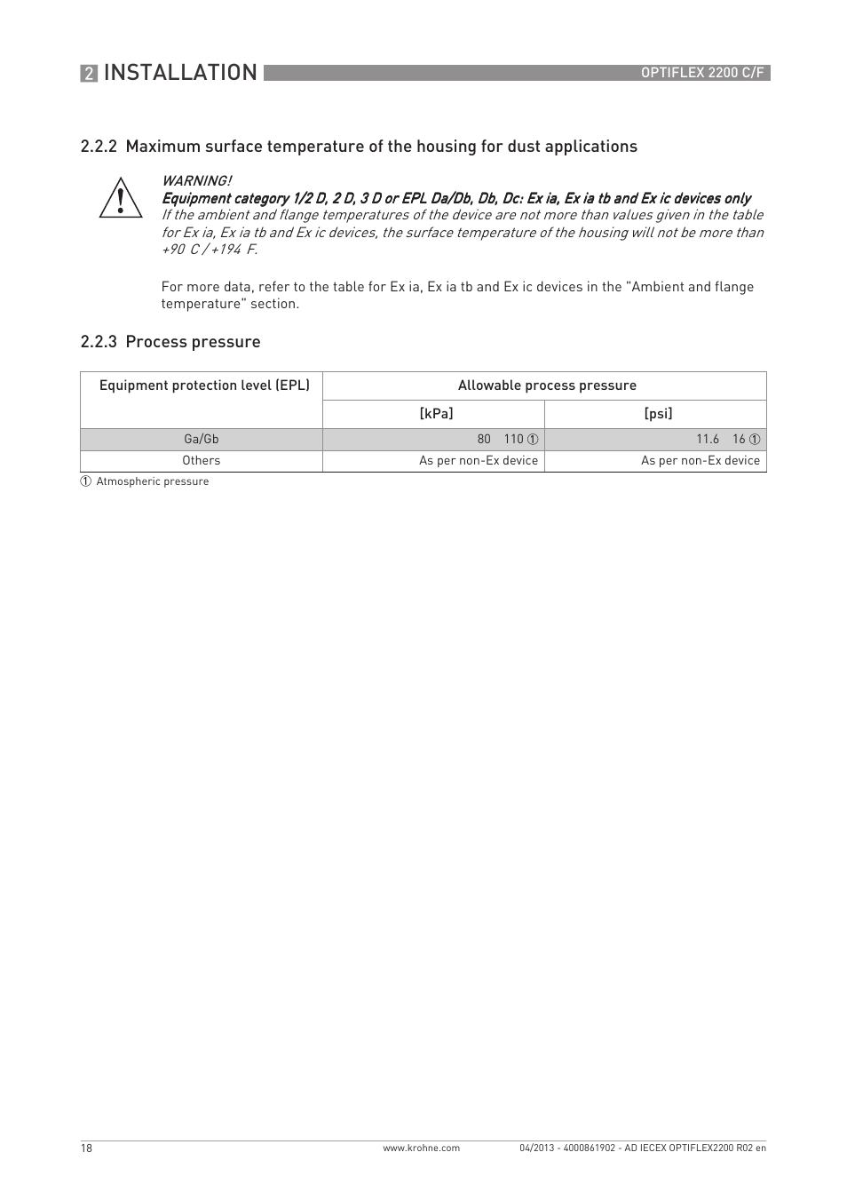 Installation, 3 process pressure | KROHNE OPTIFLEX 2200 IECEX User Manual | Page 18 / 32