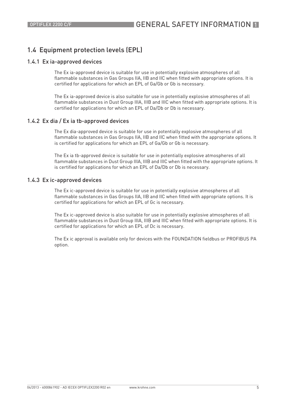 General safety information, 4 equipment protection levels (epl) | KROHNE OPTIFLEX 2200 IECEX User Manual | Page 5 / 32