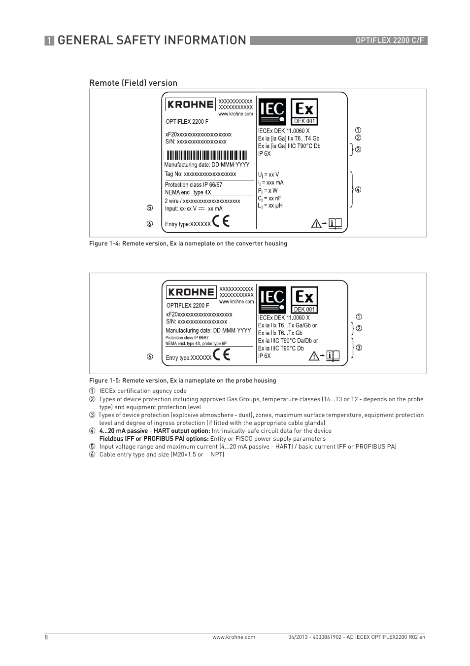 General safety information, Remote (field) version | KROHNE OPTIFLEX 2200 IECEX User Manual | Page 8 / 32