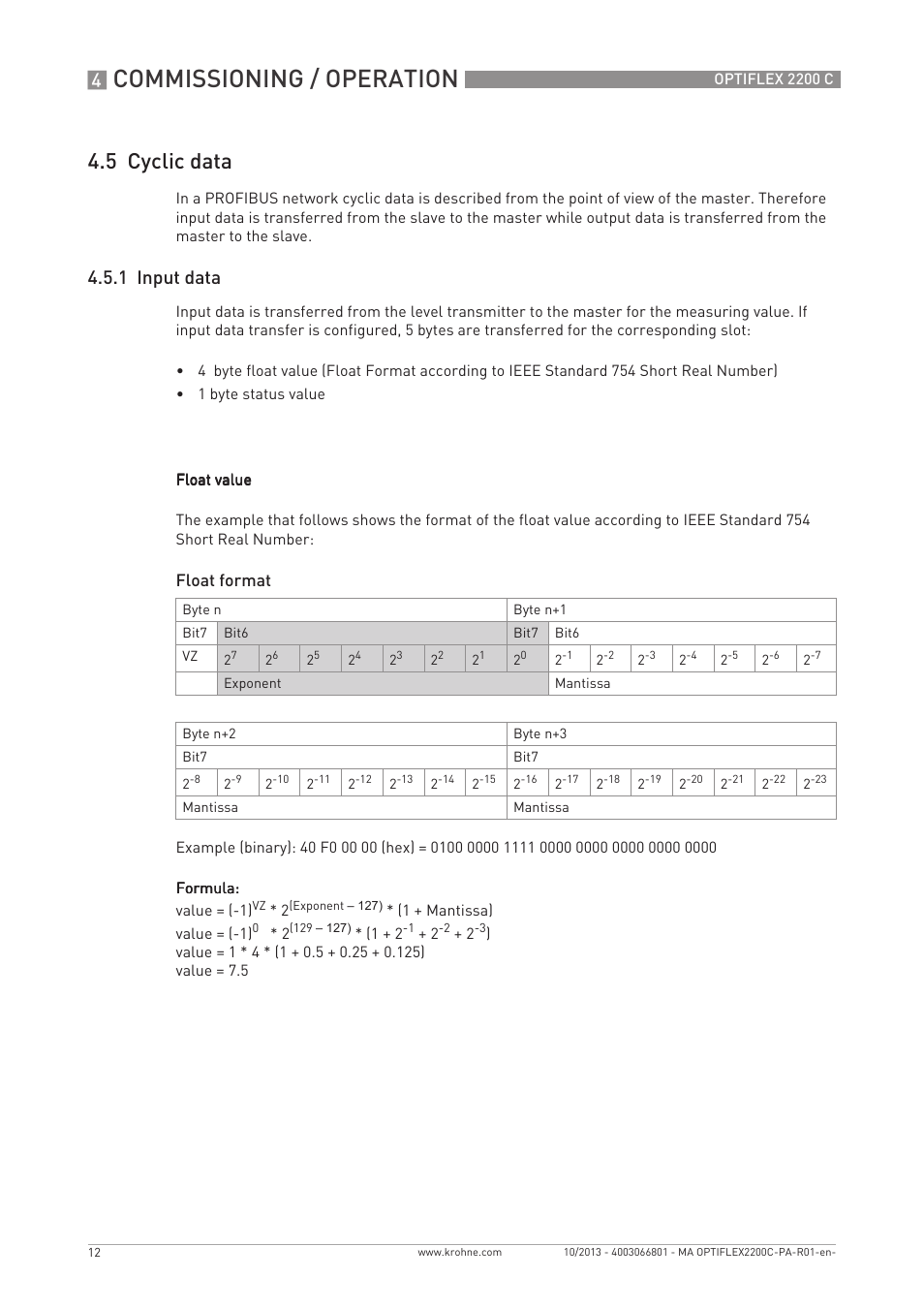 Commissioning / operation, 5 cyclic data, 1 input data | Float format | KROHNE OPTIWAVE 5200 PROFIBUS User Manual | Page 12 / 24