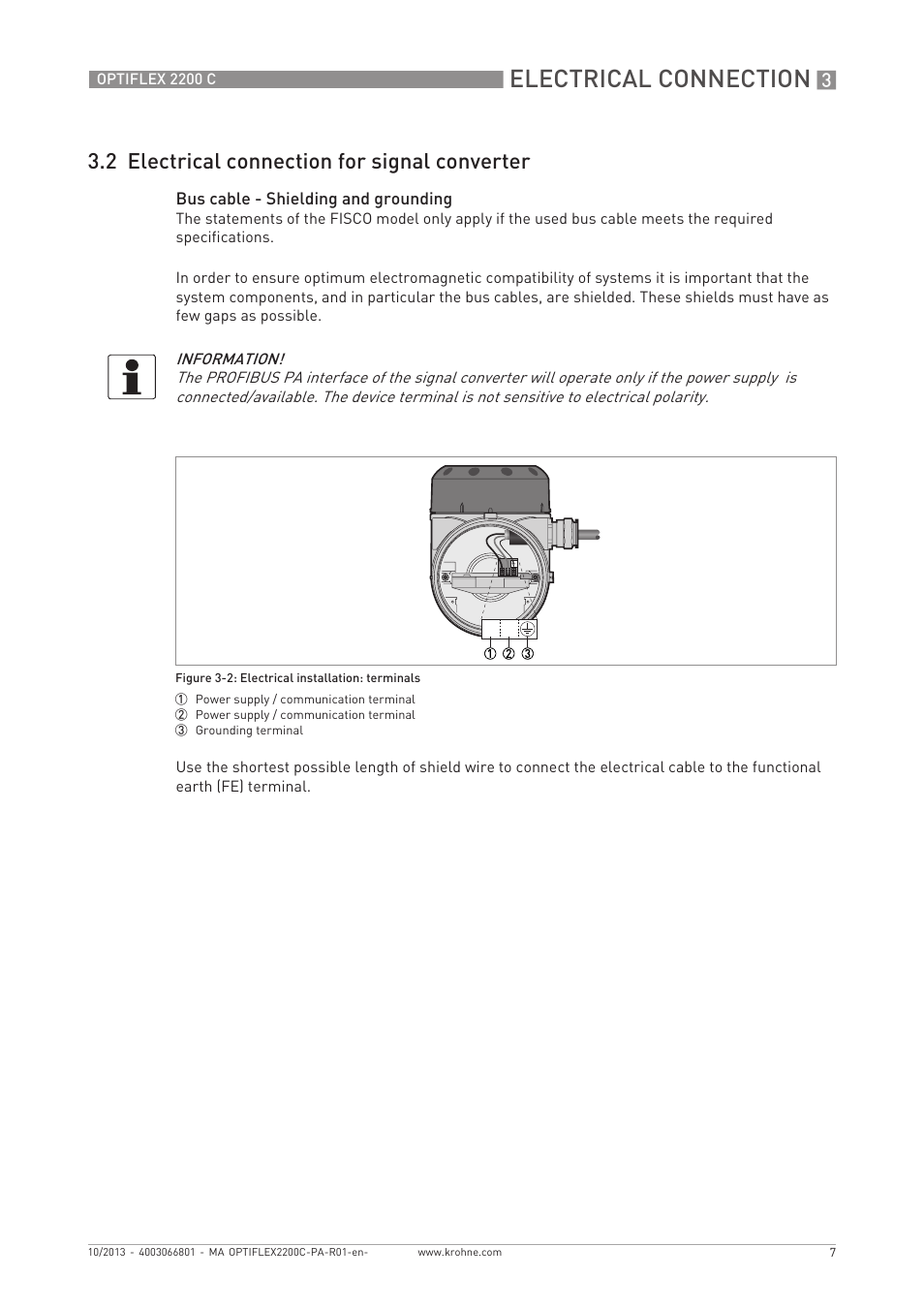 Electrical connection, 2 electrical connection for signal converter | KROHNE OPTIWAVE 5200 PROFIBUS User Manual | Page 7 / 24