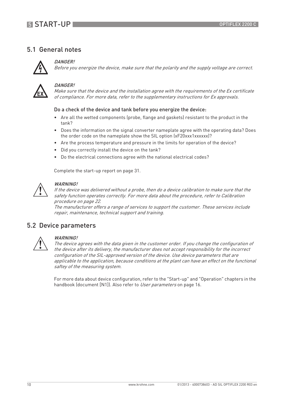 Start-up, 2 device parameters | KROHNE OPTIFLEX 2200C SIL User Manual | Page 10 / 36