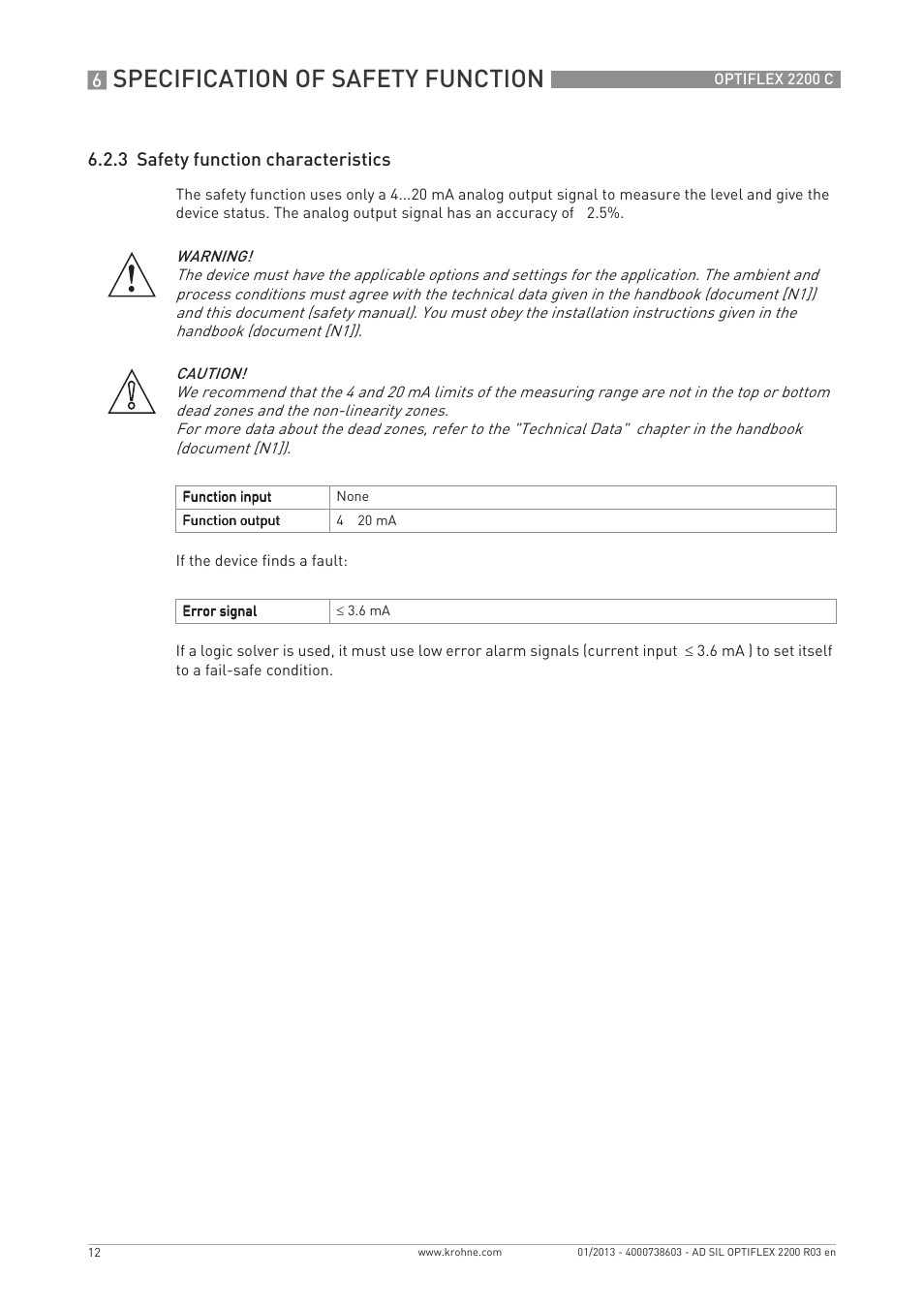 Specification of safety function, 3 safety function characteristics | KROHNE OPTIFLEX 2200C SIL User Manual | Page 12 / 36