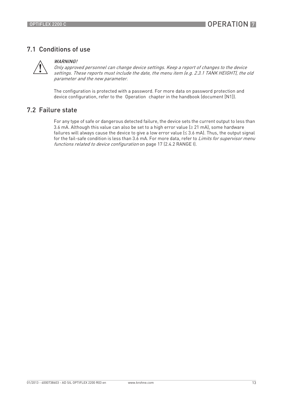 Operation, 1 conditions of use, 2 failure state | KROHNE OPTIFLEX 2200C SIL User Manual | Page 13 / 36