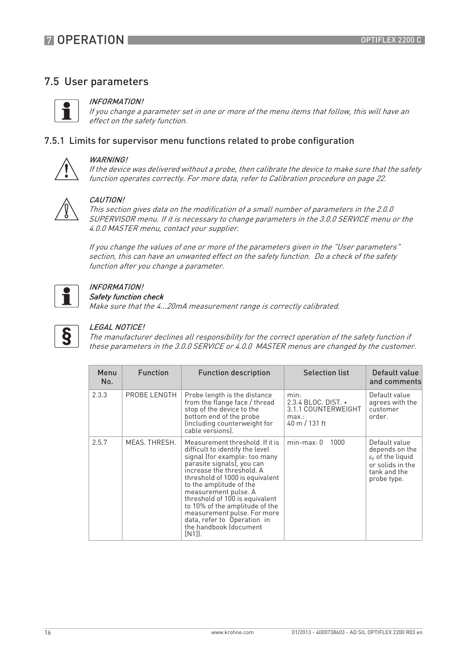 Operation, 5 user parameters | KROHNE OPTIFLEX 2200C SIL User Manual | Page 16 / 36