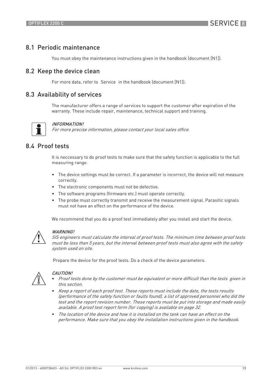 Service, 1 periodic maintenance, 2 keep the device clean | 3 availability of services, 4 proof tests | KROHNE OPTIFLEX 2200C SIL User Manual | Page 19 / 36