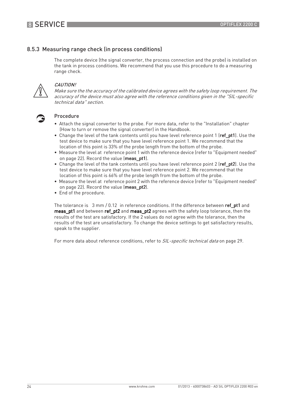 Service, 3 measuring range check (in process conditions) | KROHNE OPTIFLEX 2200C SIL User Manual | Page 24 / 36