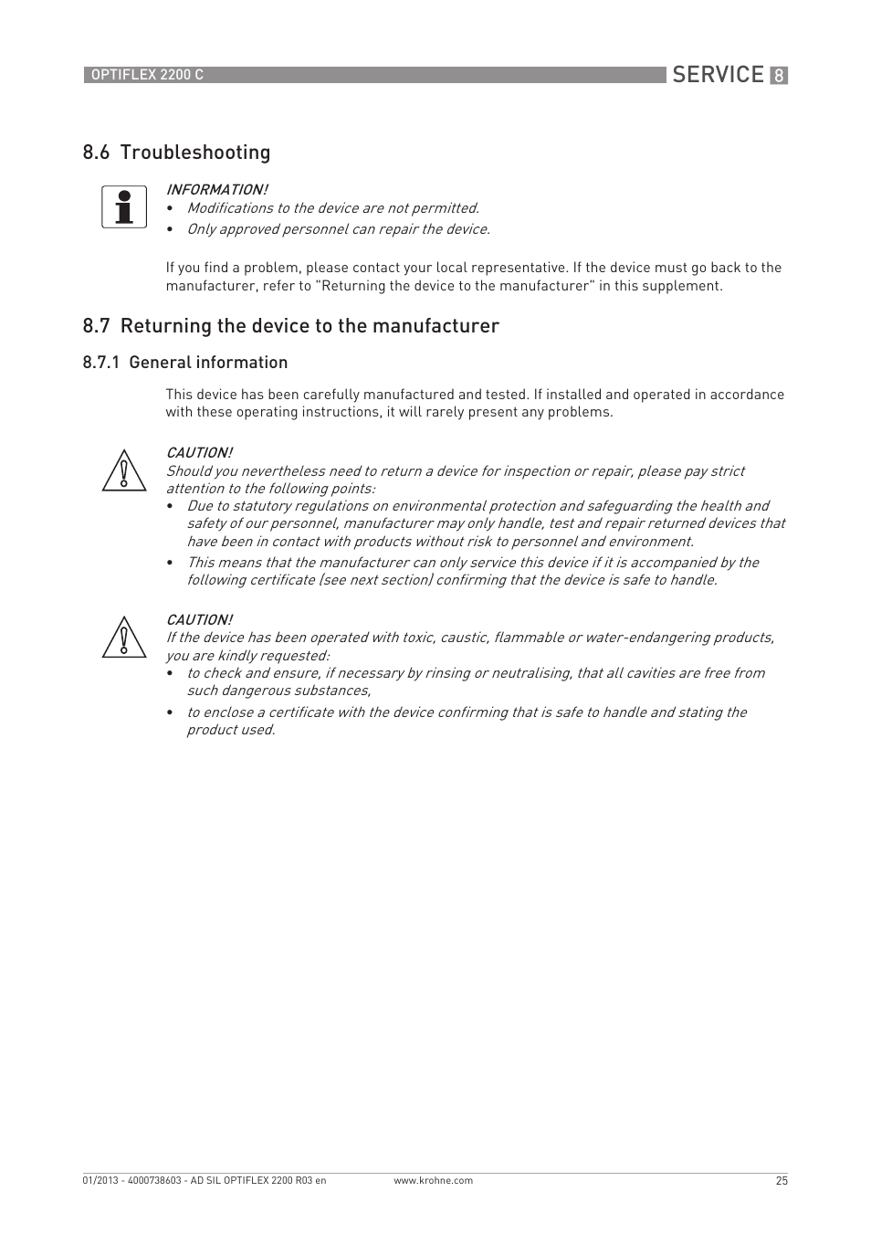 Service, 6 troubleshooting, 7 returning the device to the manufacturer | KROHNE OPTIFLEX 2200C SIL User Manual | Page 25 / 36