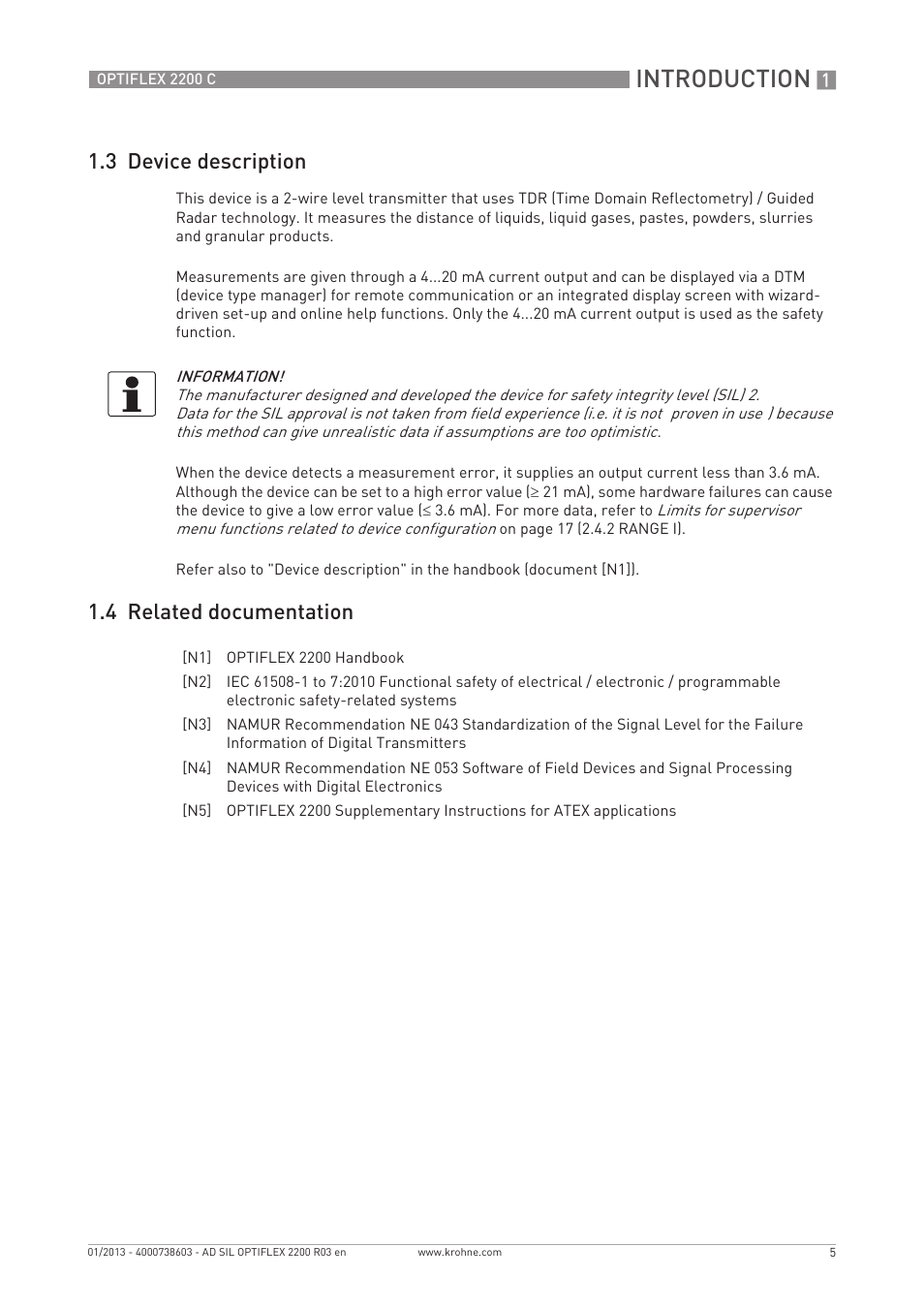 Introduction, 3 device description, 4 related documentation | KROHNE OPTIFLEX 2200C SIL User Manual | Page 5 / 36