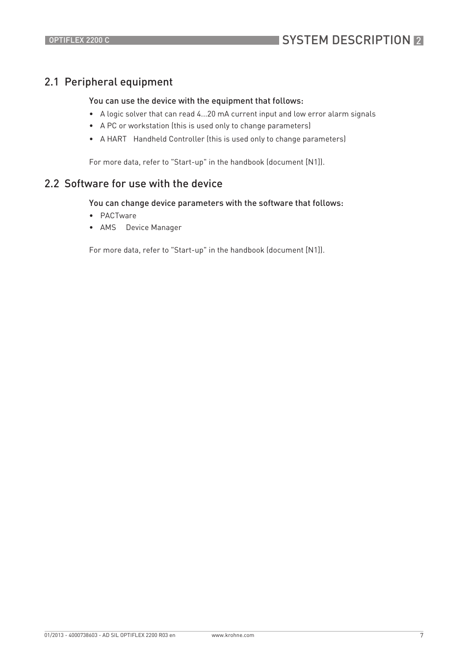 System description, 1 peripheral equipment, 2 software for use with the device | KROHNE OPTIFLEX 2200C SIL User Manual | Page 7 / 36