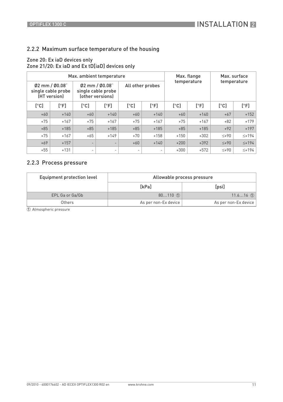 Installation, 2 maximum surface temperature of the housing, 3 process pressure | KROHNE OPTIFLEX 1300 IECEx User Manual | Page 11 / 20