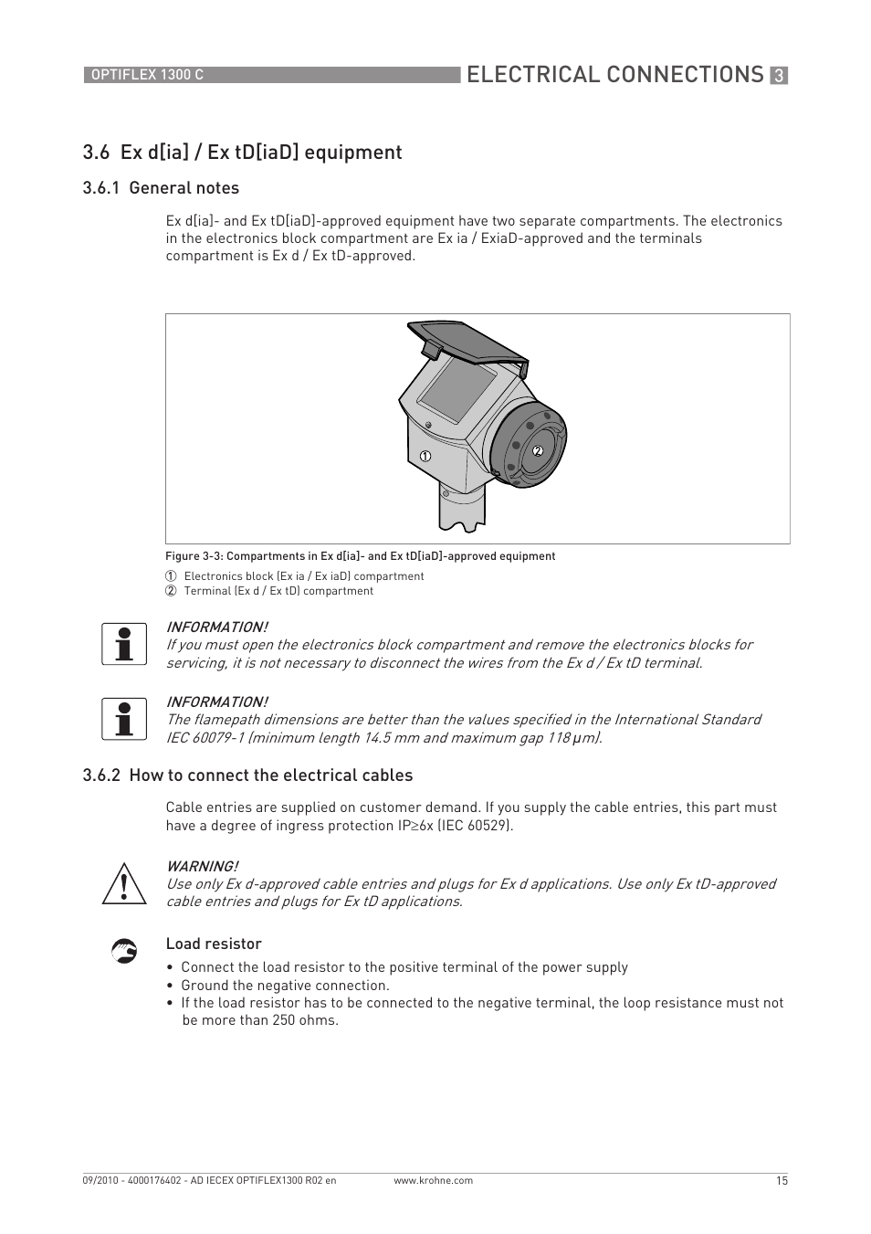 Electrical connections, 6 ex d[ia] / ex td[iad] equipment | KROHNE OPTIFLEX 1300 IECEx User Manual | Page 15 / 20