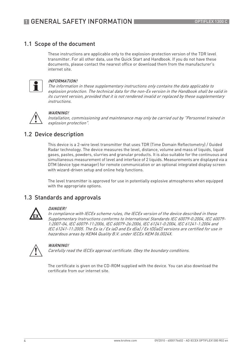 General safety information, 1 scope of the document, 2 device description | 3 standards and approvals | KROHNE OPTIFLEX 1300 IECEx User Manual | Page 4 / 20