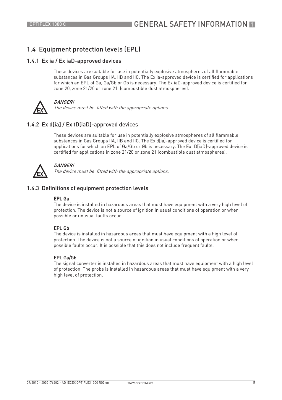 General safety information, 4 equipment protection levels (epl) | KROHNE OPTIFLEX 1300 IECEx User Manual | Page 5 / 20