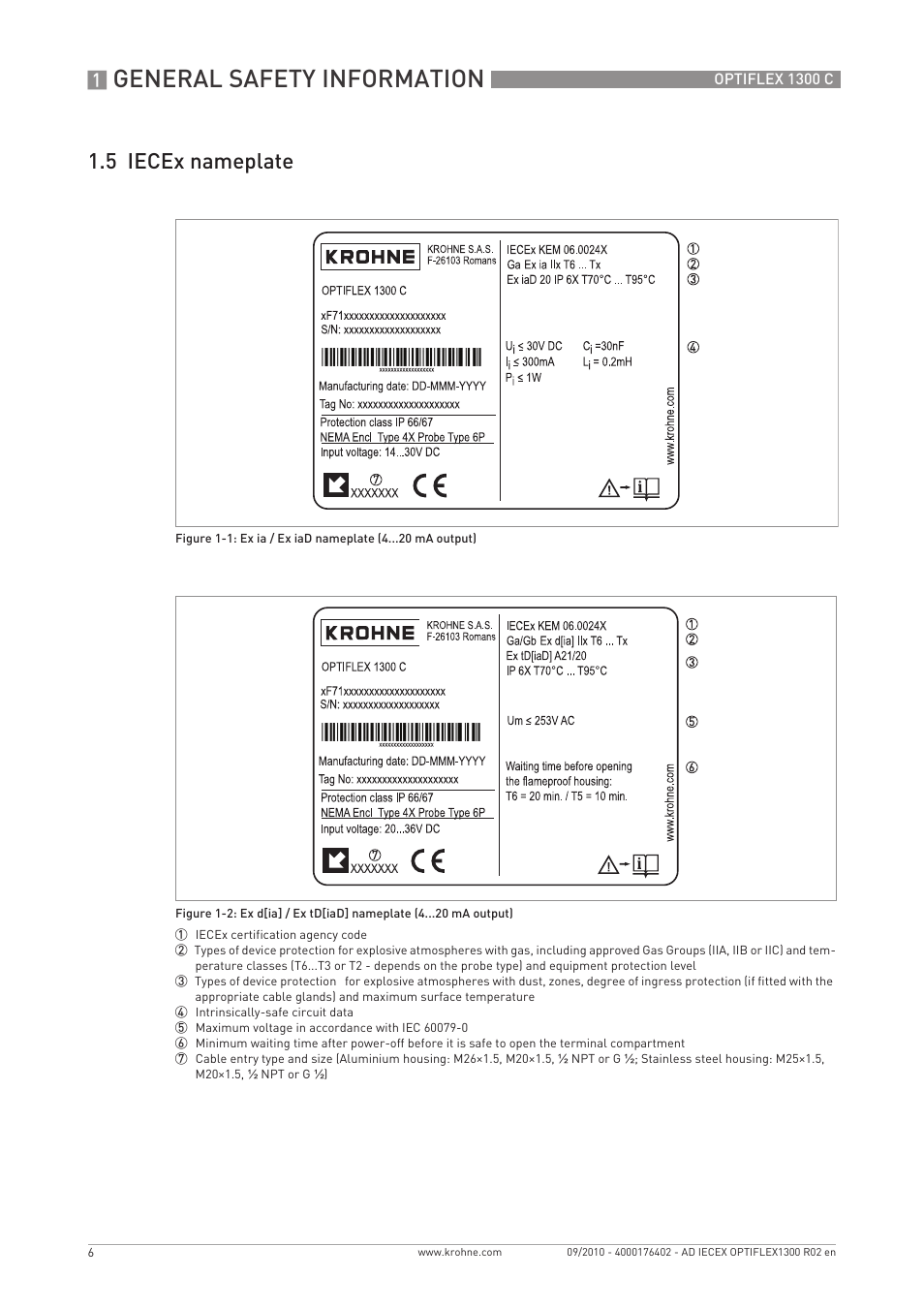 General safety information, 5 iecex nameplate | KROHNE OPTIFLEX 1300 IECEx User Manual | Page 6 / 20