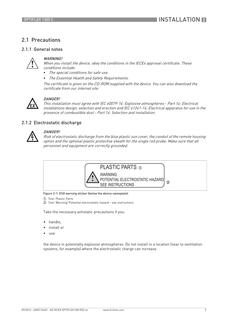 Installation, Plastic parts, 1 precautions | KROHNE OPTIFLEX 1300 IECEx User Manual | Page 7 / 20