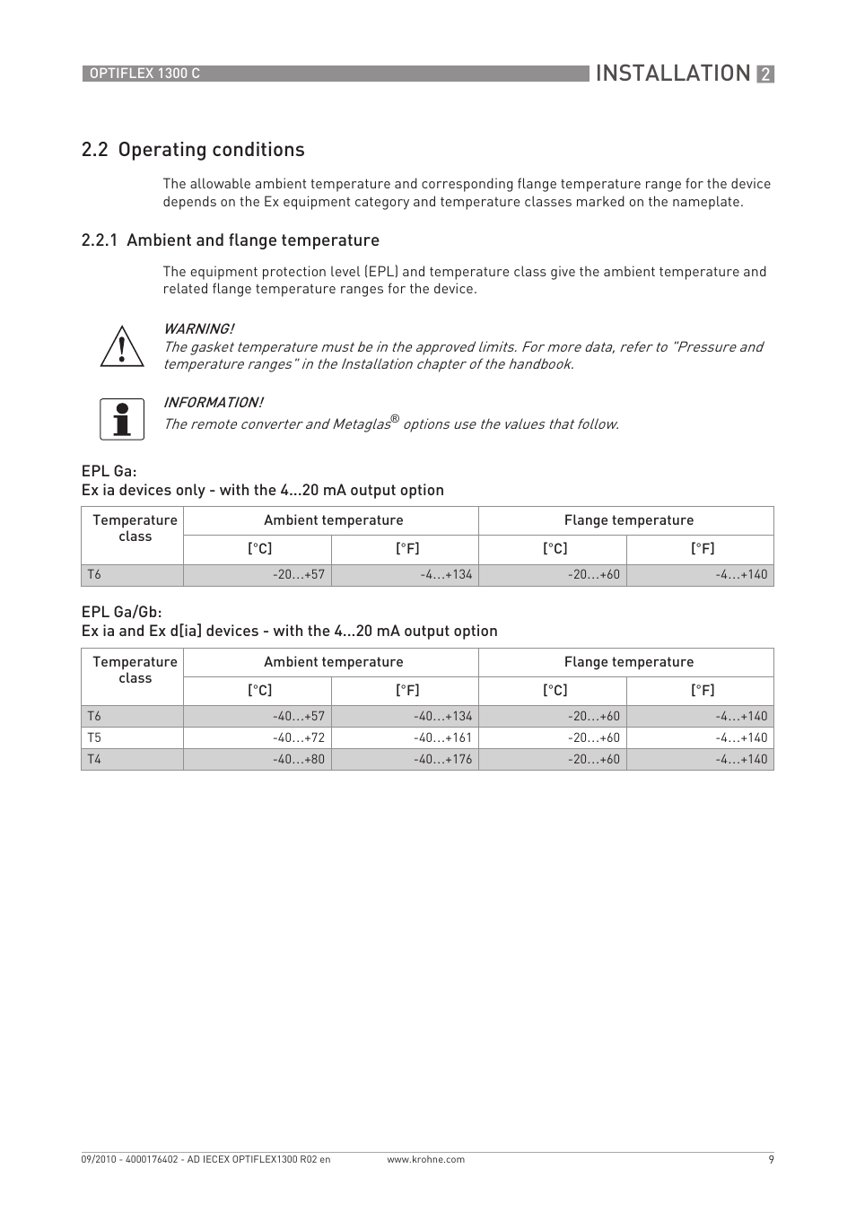 Installation, 2 operating conditions, 1 ambient and flange temperature | KROHNE OPTIFLEX 1300 IECEx User Manual | Page 9 / 20