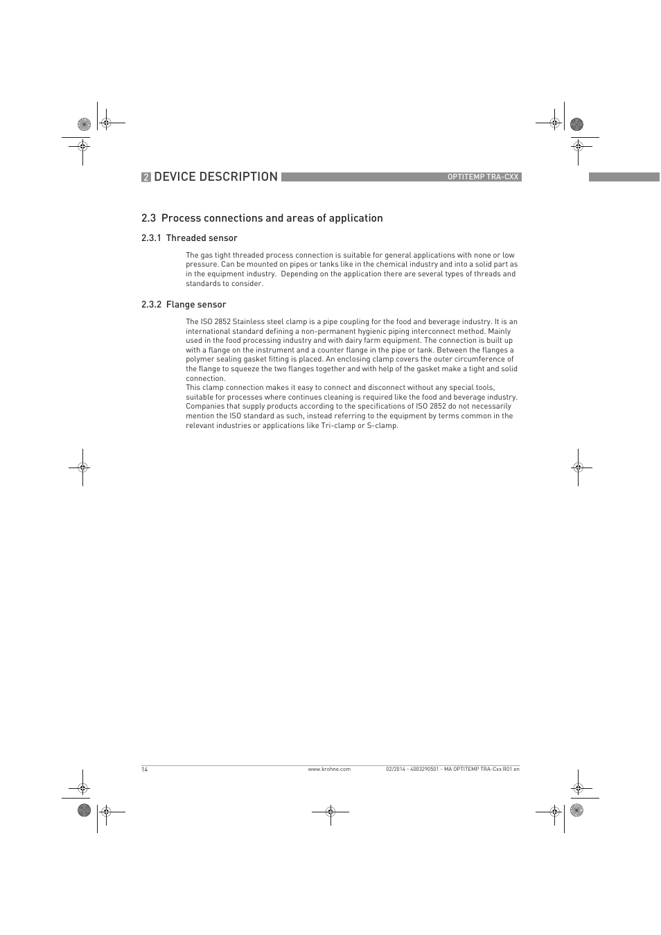 Device description, 3 process connections and areas of application | KROHNE OPTITEMP Compact sensors User Manual | Page 14 / 44