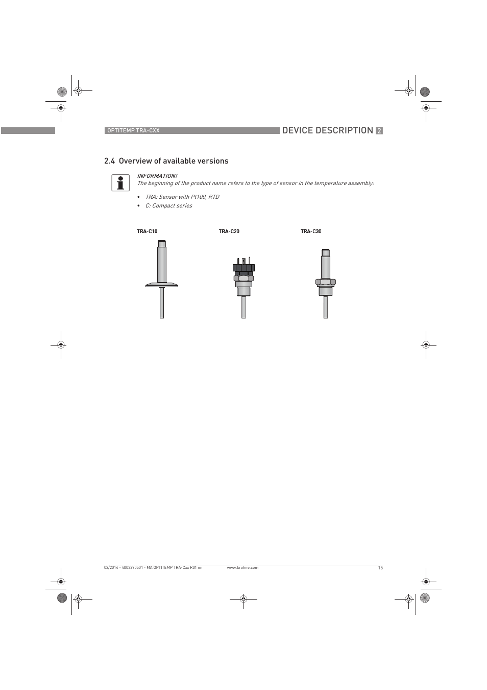 Device description, 4 overview of available versions | KROHNE OPTITEMP Compact sensors User Manual | Page 15 / 44