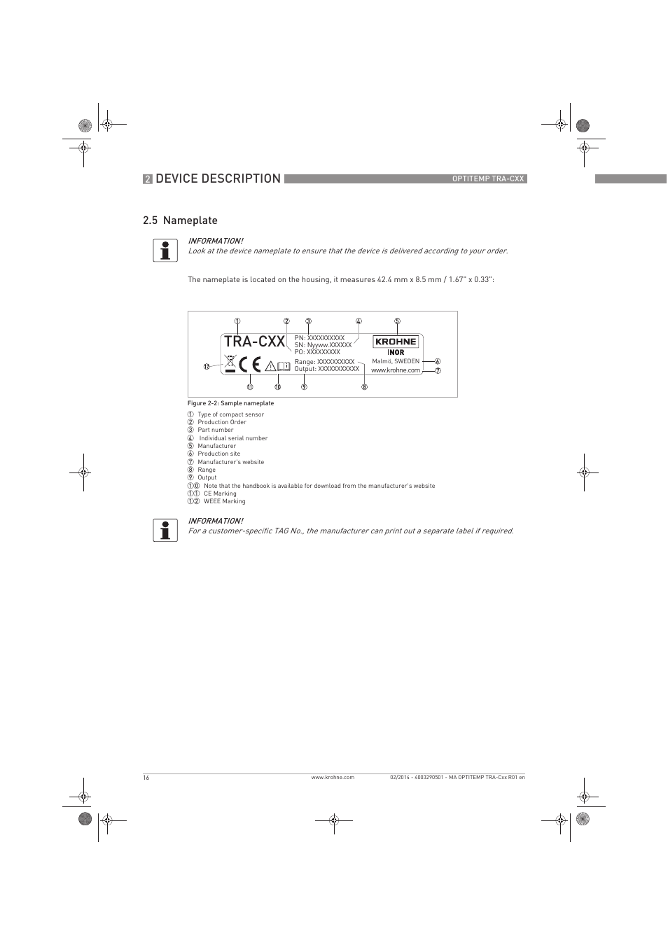 Tra-cxx, Device description, 5 nameplate | KROHNE OPTITEMP Compact sensors User Manual | Page 16 / 44