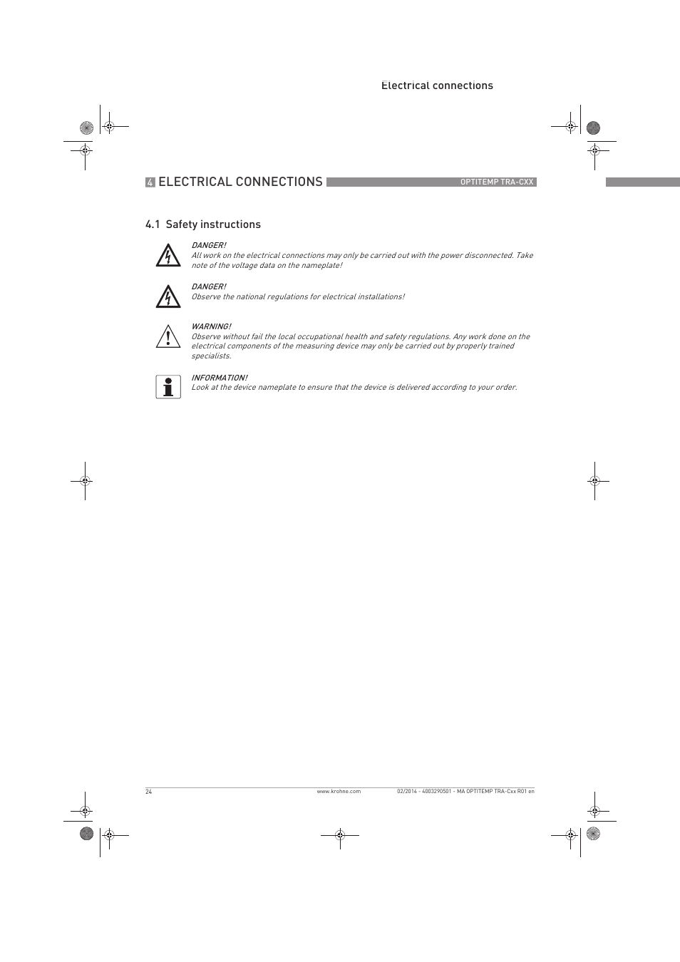 Electrical connections, Electrical connections 4.1 safety instructions | KROHNE OPTITEMP Compact sensors User Manual | Page 24 / 44