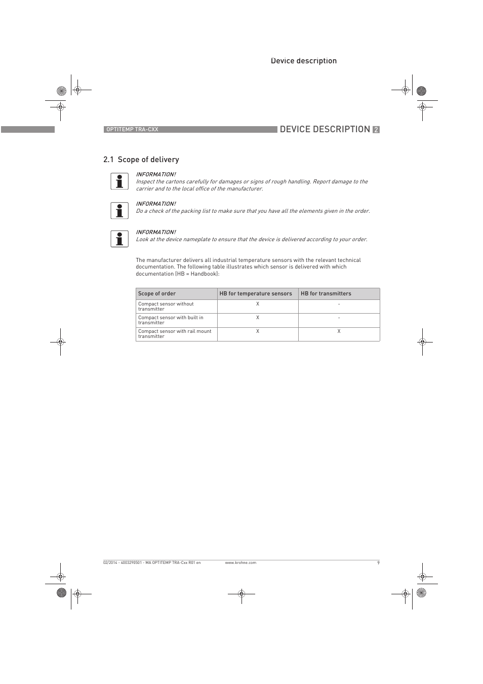 Device description, Device description 2.1 scope of delivery | KROHNE OPTITEMP Compact sensors User Manual | Page 9 / 44