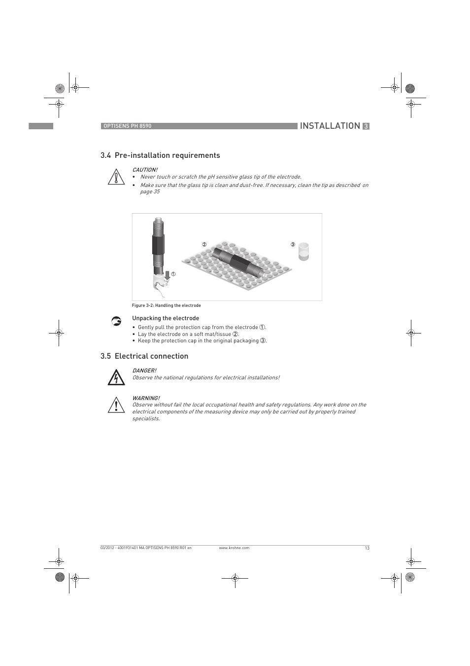 Installation, 4 pre-installation requirements, 5 electrical connection | KROHNE OPTISENS PH 8590 User Manual | Page 13 / 46