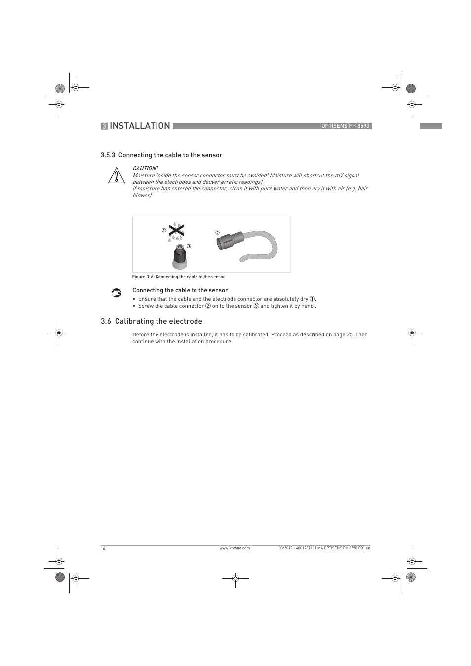 Installation, 6 calibrating the electrode | KROHNE OPTISENS PH 8590 User Manual | Page 16 / 46