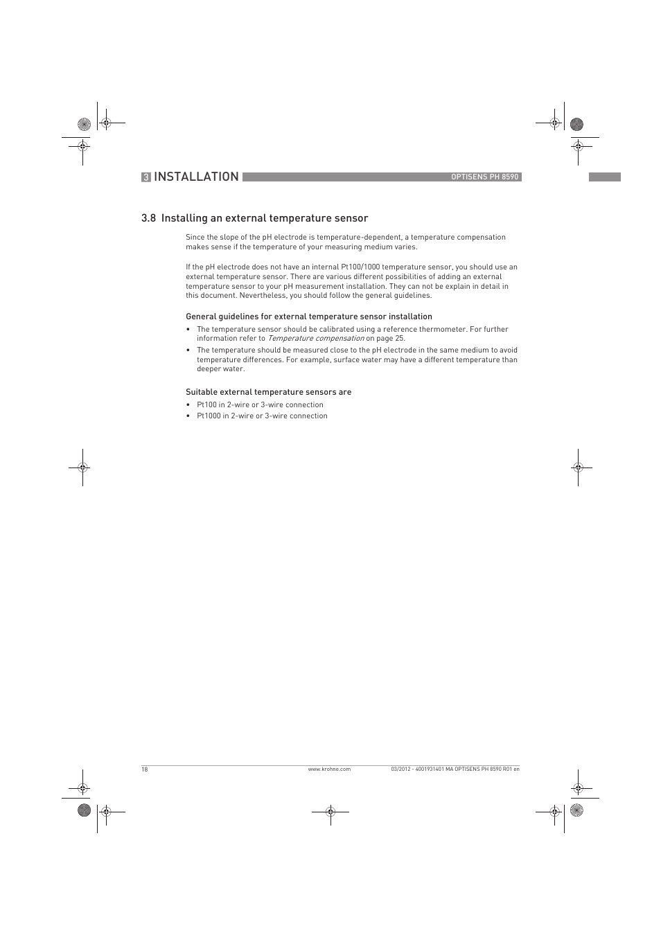 Installation, 8 installing an external temperature sensor | KROHNE OPTISENS PH 8590 User Manual | Page 18 / 46