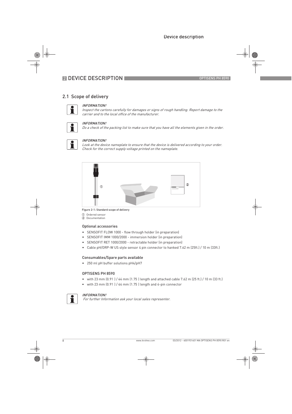 Device description, Device description 2.1 scope of delivery | KROHNE OPTISENS PH 8590 User Manual | Page 8 / 46